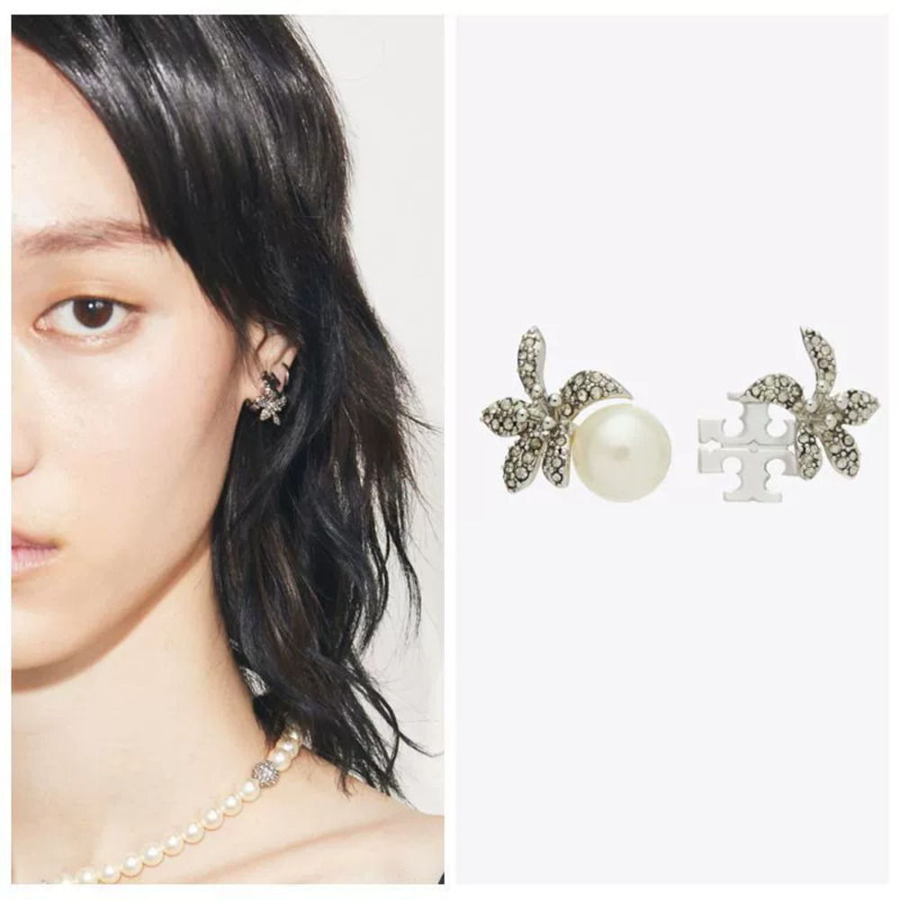 Tory Burch Moonlight Glow Vintage Silver Asymmetrical Pearl Flower Stud Earrings